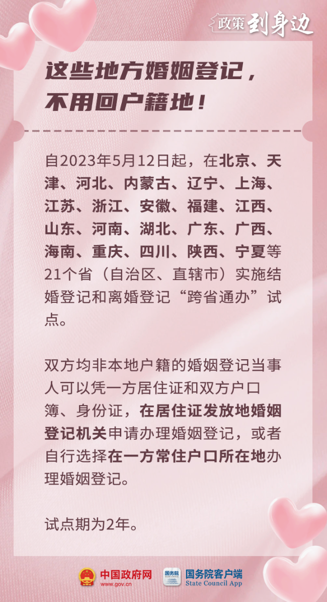 領證不用回老家啦！婚姻登記“跨省通辦”試點擴大